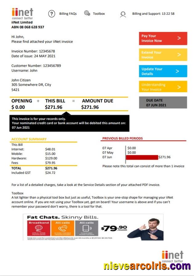 Australia iiNet utility bill